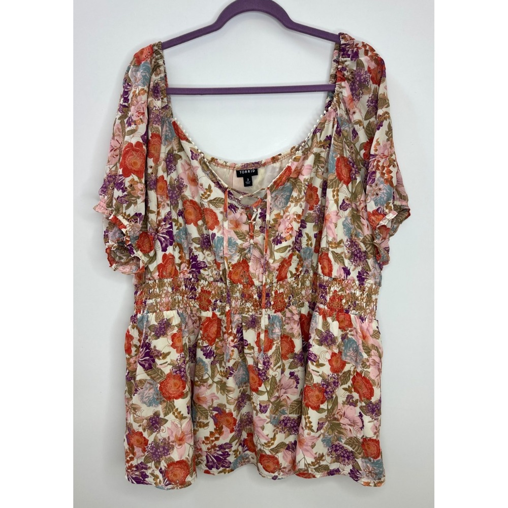 Torrid Georgette Eyelet Smocked Waist Puff Sleeve Top Plus Size 3X Peasant Boho - Picture 2 of 13